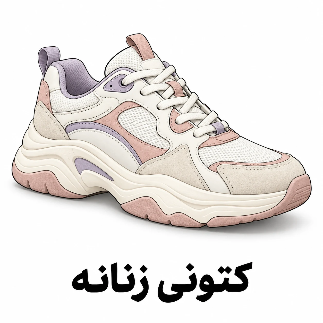 تصویرسازی کتونی زنانه و دخترانه سفید و صورتی با زیره حجیم؛ دسته کتونی کفش الما