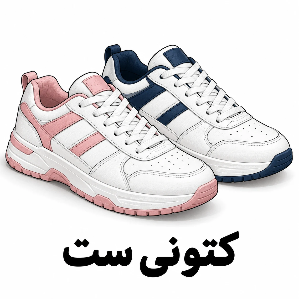 تصویرسازی دو کتونی ست سفید با جزئیات صورتی و سرمه‌ای؛ دسته کتونی ست زنانه و مردانه کفش الما