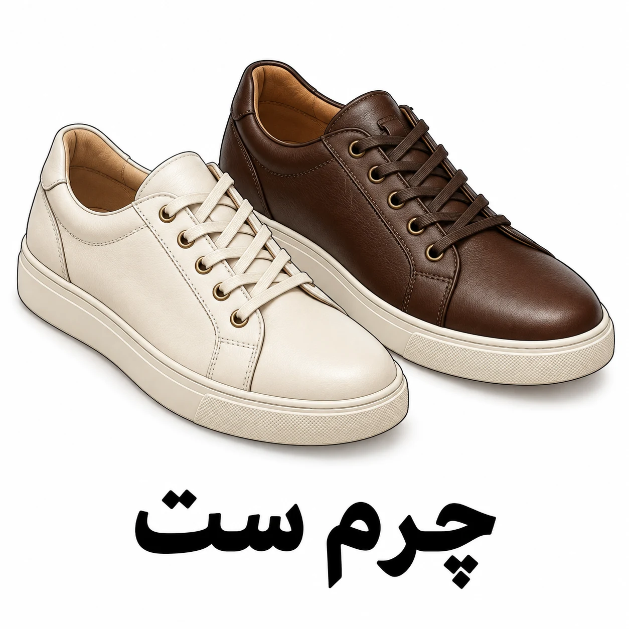 تصویرسازی دو کفش چرمی ست کرم و قهوه‌ای بندی با زیره روشن؛ دسته کفش چرم طبیعی ست کفش الما