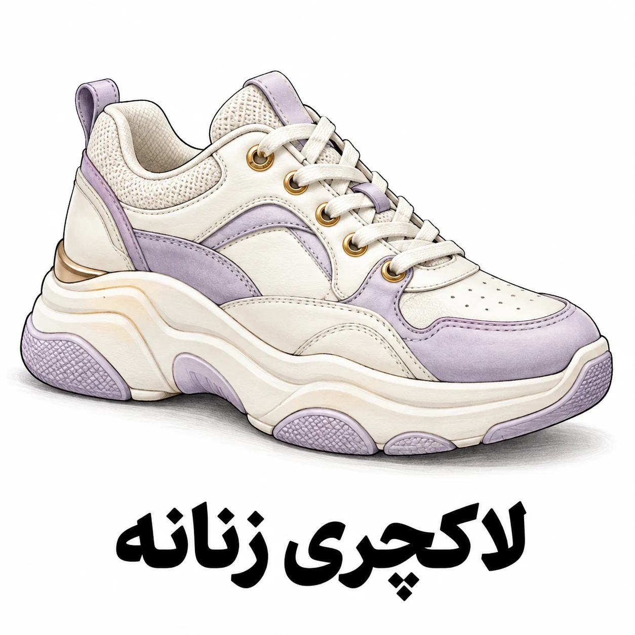 تصویرسازی کتونی لاکچری زنانه کرم و سفید با جزئیات یاسی و زیره حجیم؛ دسته لاکچری زنانه کفش الما