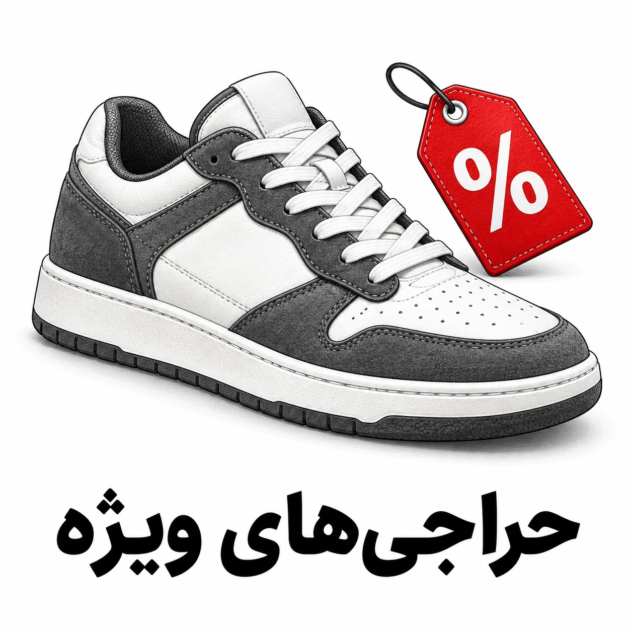 تصویرسازی کتونی سفید و طوسی کنار برچسب قرمز درصد؛ دسته کفش و کتونی حراجی و تک‌سایز کفش الما
