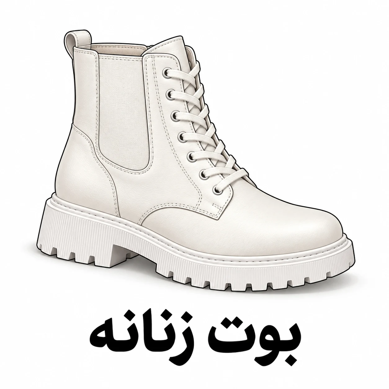 تصویرسازی بوت اسپرت زنانه سفید بندی با زیره ضخیم و بافت چرمی؛ دسته بوت و نیم‌بوت زنانه و دخترانه کفش الما