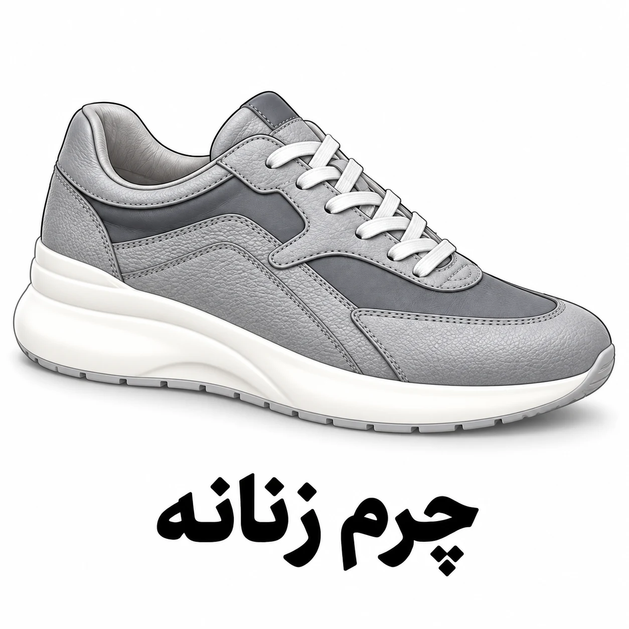 تصویرسازی کتونی چرم زنانه طوسی بندی با دوخت مشخص و زیره سفید؛ دسته کفش اسپرت چرم طبیعی زنانه کفش الما