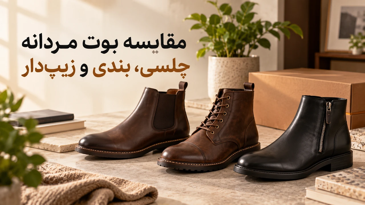 بنر مقایسه سه مدل بوت مردانه چلسی، بندی و زیپ دار