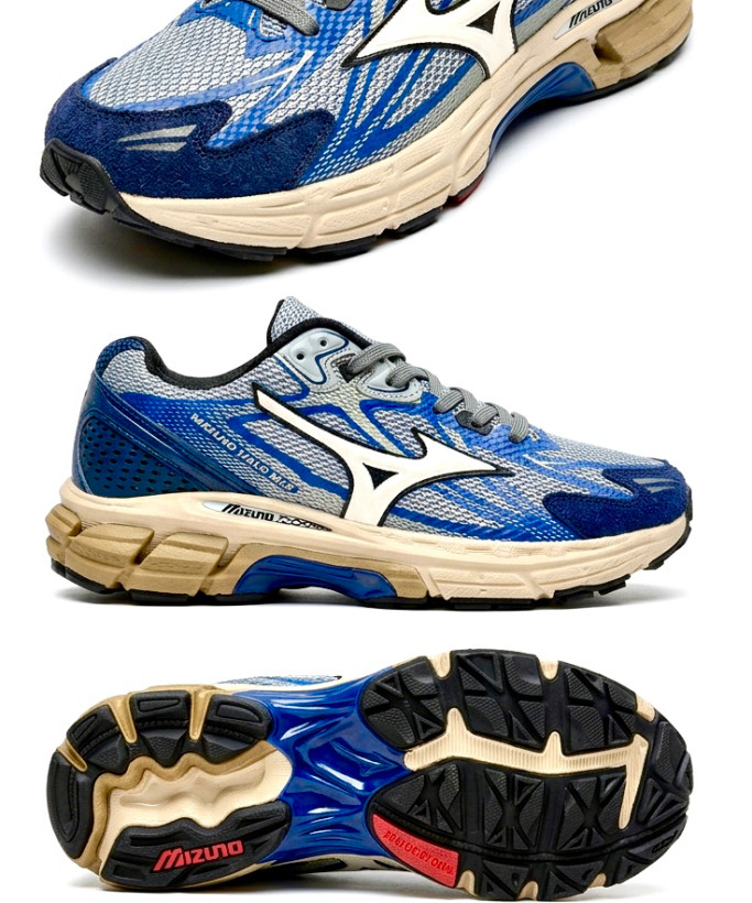 کتونی پیاده روی مردانه میزانو (Mizuno) آبی طوسی؛ نماهای بالا، پهلو و کف زیره
